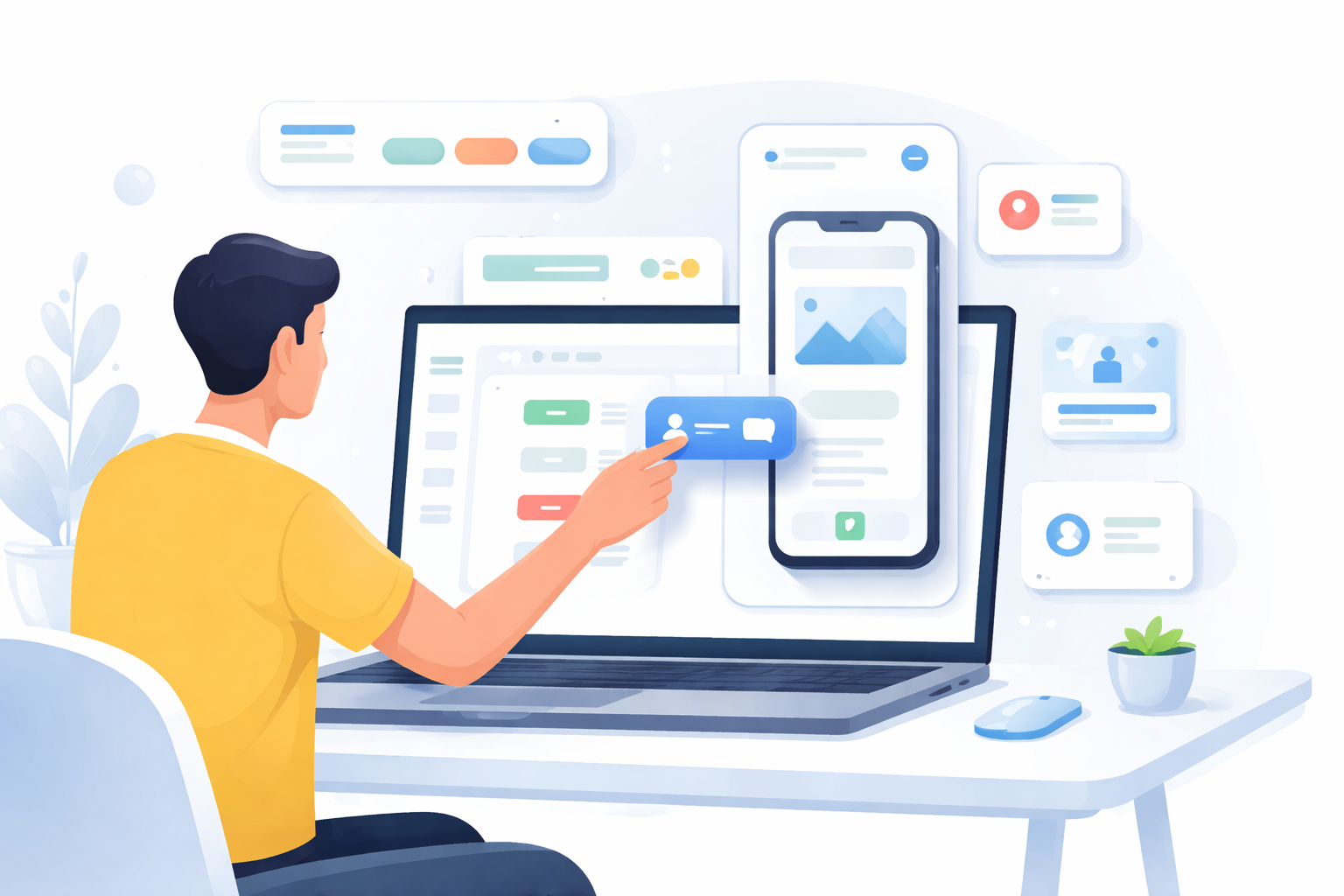 Person using a laptop with drag-and-drop interface to build a mobile app using rapid application development tools