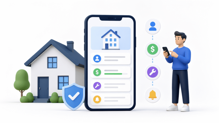 Minimal 3D illustration of a landlord using a rental property management app on a smartphone with a house and simple dashboard elements