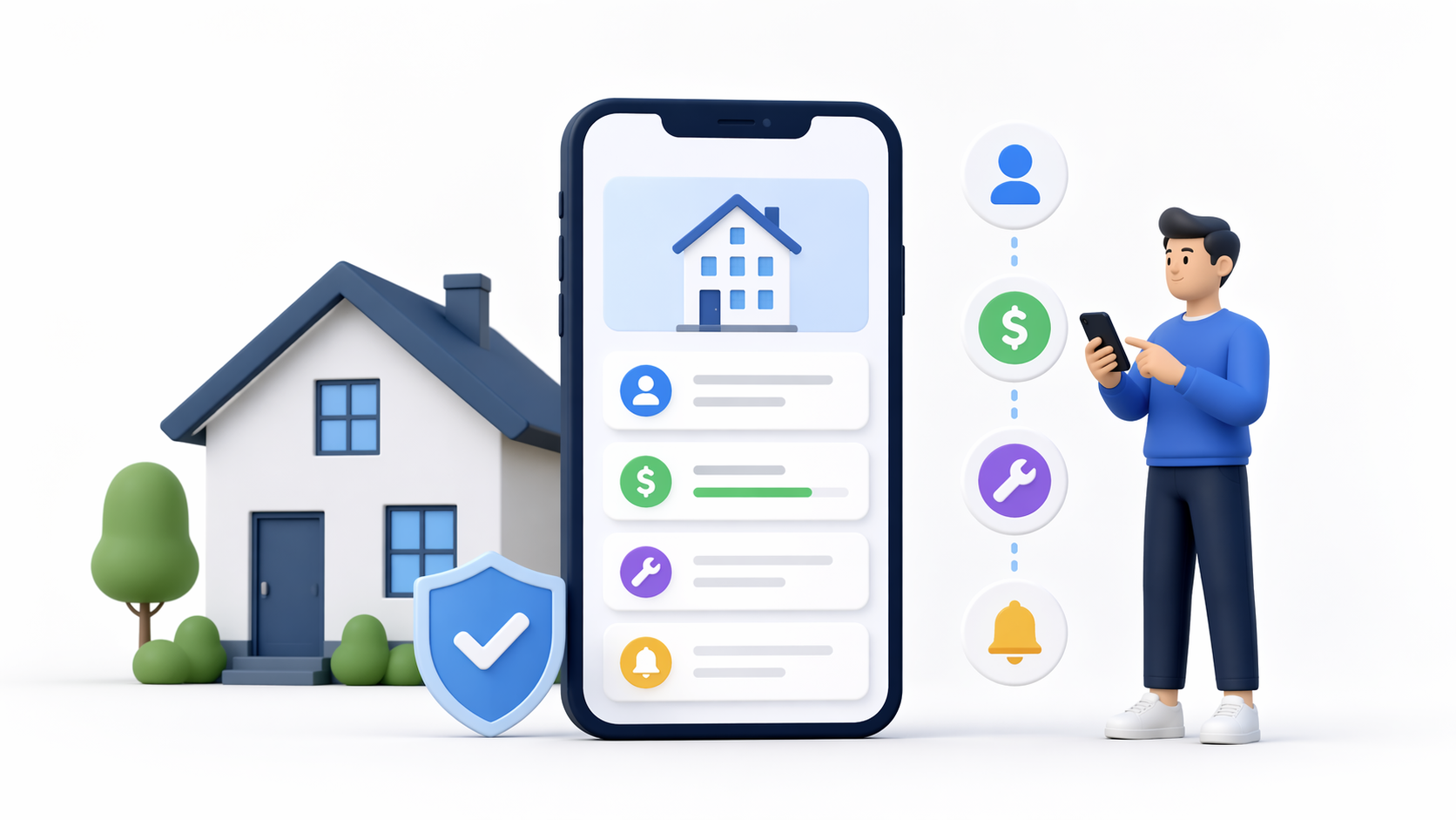 Minimal 3D illustration of a landlord using a rental property management app on a smartphone with a house and simple dashboard elements
