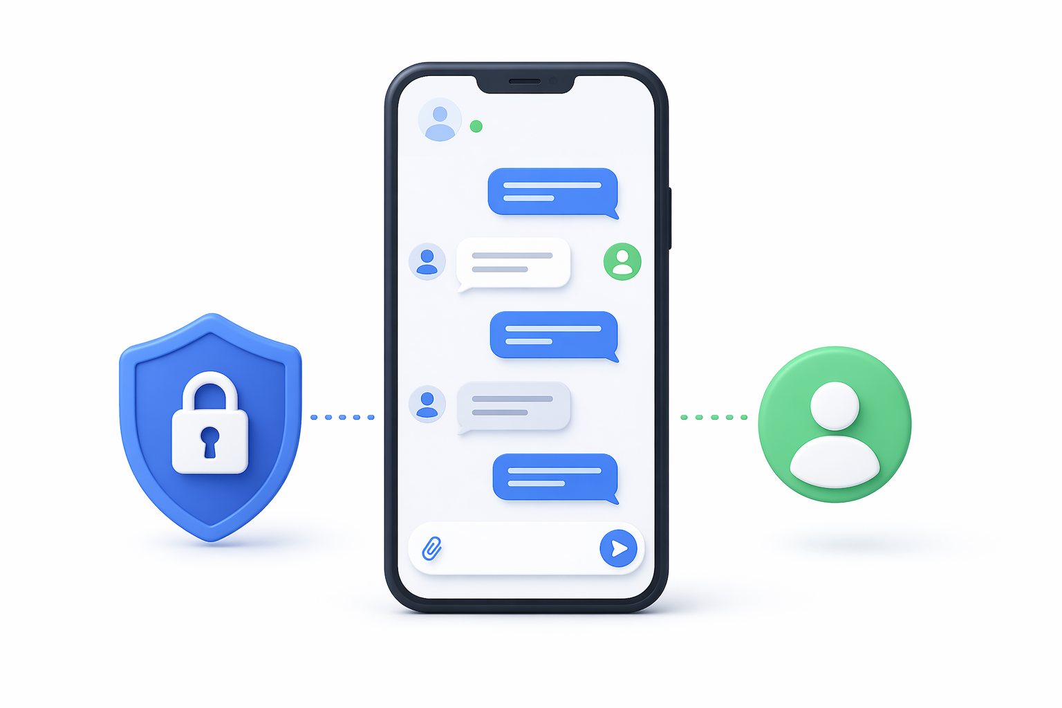 Minimal isometric illustration of a secure messaging app showing chat bubbles on a smartphone with a shield and user icon representing privacy and authentication