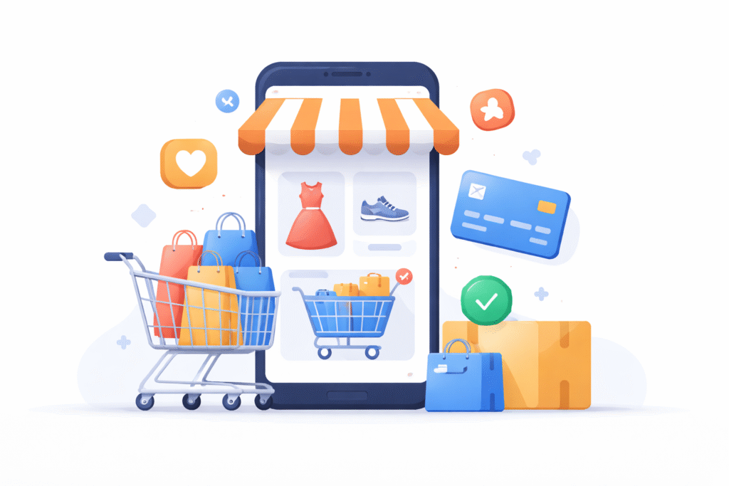 minimal shopping app concept with smartphone, product items, shopping cart, and payment icons in clean flat illustration style