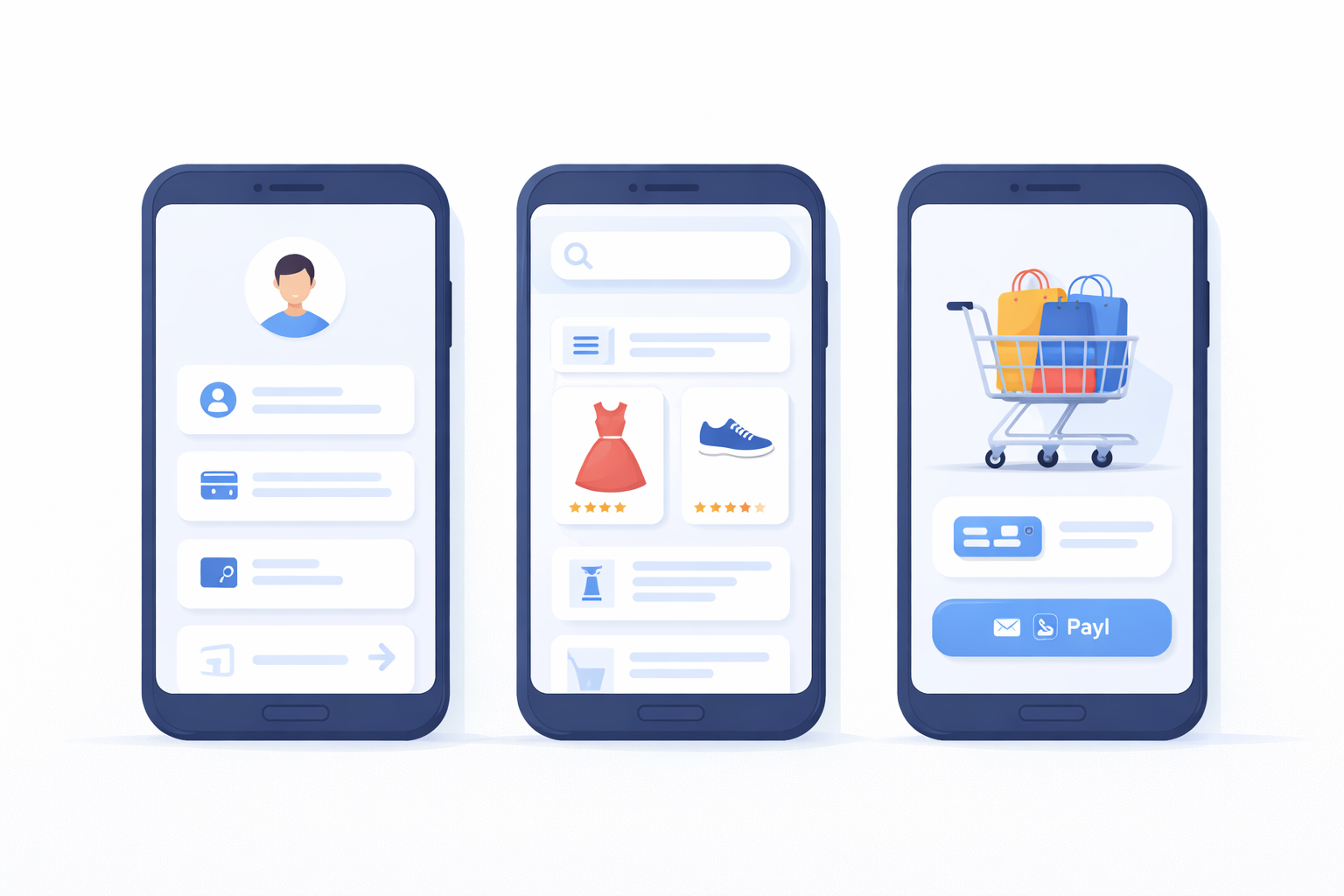 simple shopping app checkout flow with cart, products, and payment process in minimal flat illustration