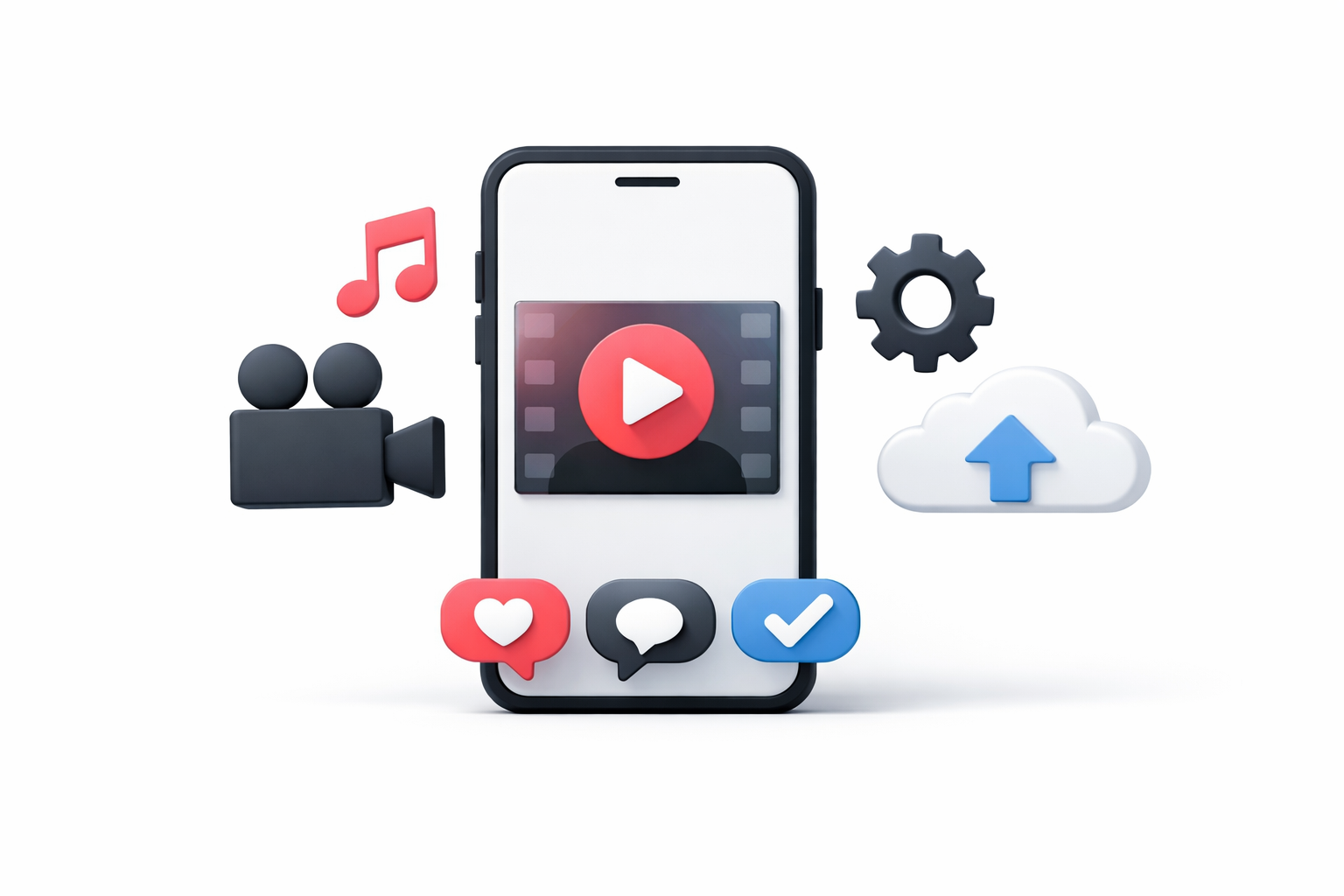 Minimal 3D illustration of a smartphone showing a short video play screen with simple icons representing video creation, social interaction, and cloud storage for a TikTok-like app