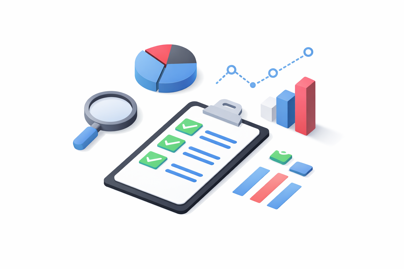 Minimal isometric illustration of market research and planning with a checklist clipboard, magnifying glass, and simple charts representing app development strategy