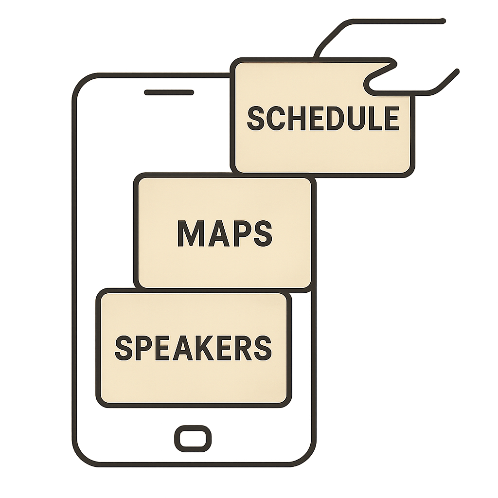 A very simple, clean graphic showing three 'blocks' labeled "Schedule," "Maps," and "Speakers" being fitted together into a phone outline