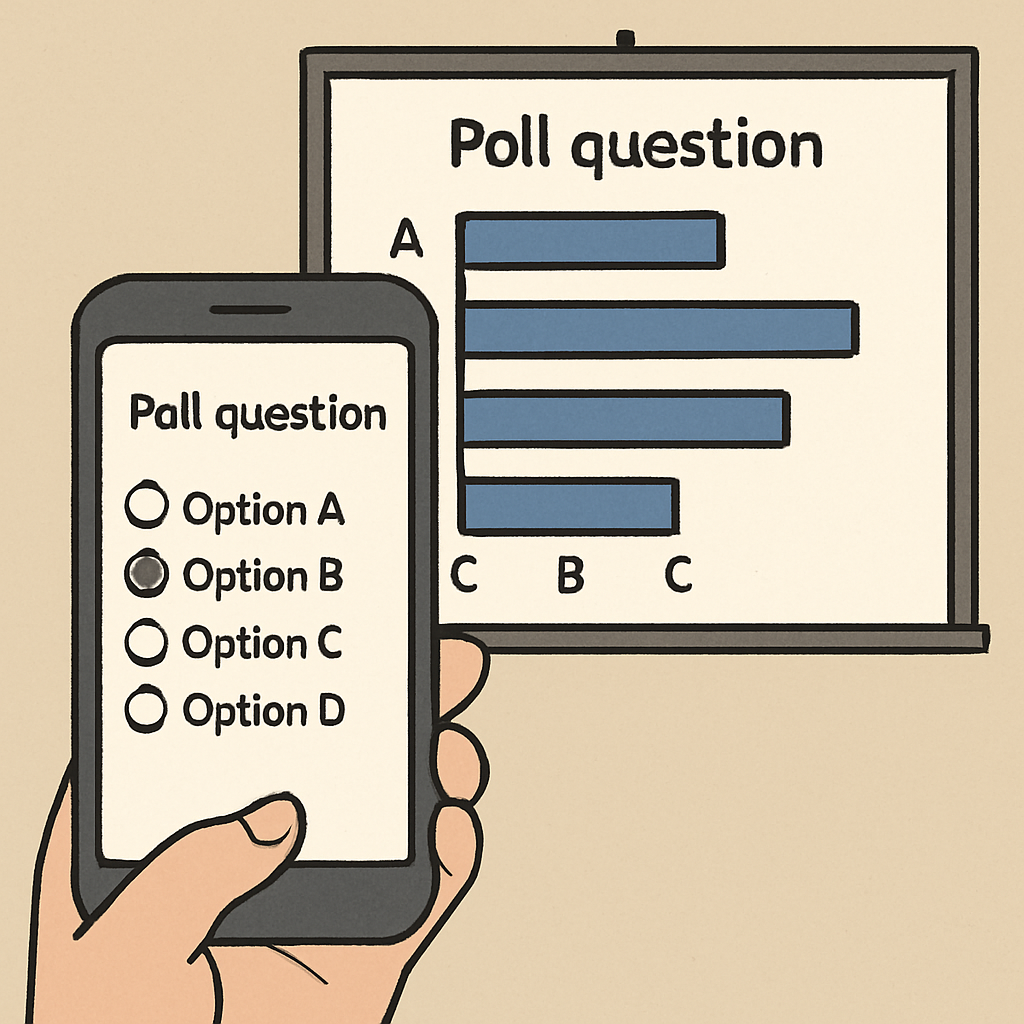 A simple illustration of a phone screen showing a multiple-choice poll question, with a large presentation screen in the background showing the live results as a bar graph