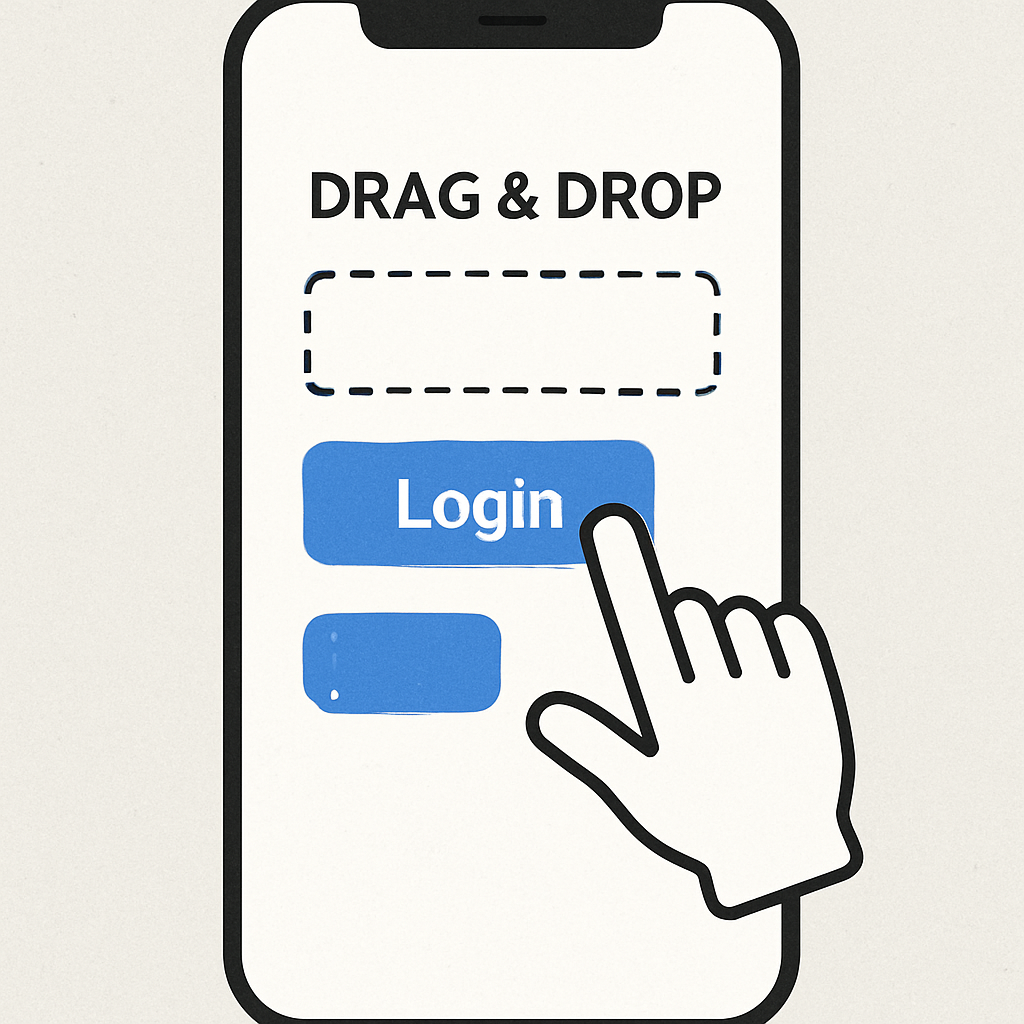 A clean, simple visual showing a mobile phone screen with a 'drag and drop' hand icon moving a 'Login' button into place.