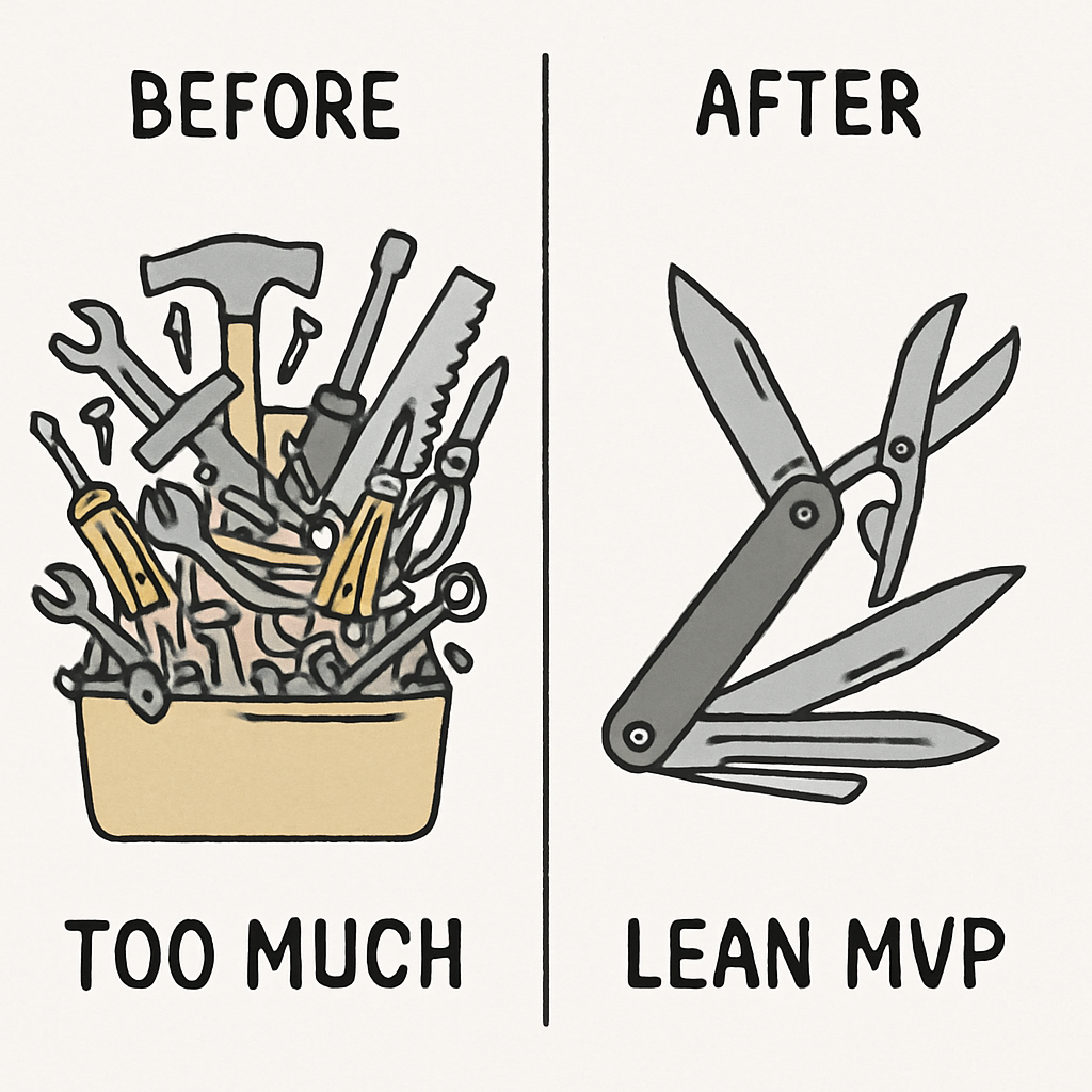 A simple 'Before/After' diagram showing a cluttered toolbox with 20 items (labeled 'Too Much') vs. a single, sharp multi-tool (labeled 'Lean MVP').