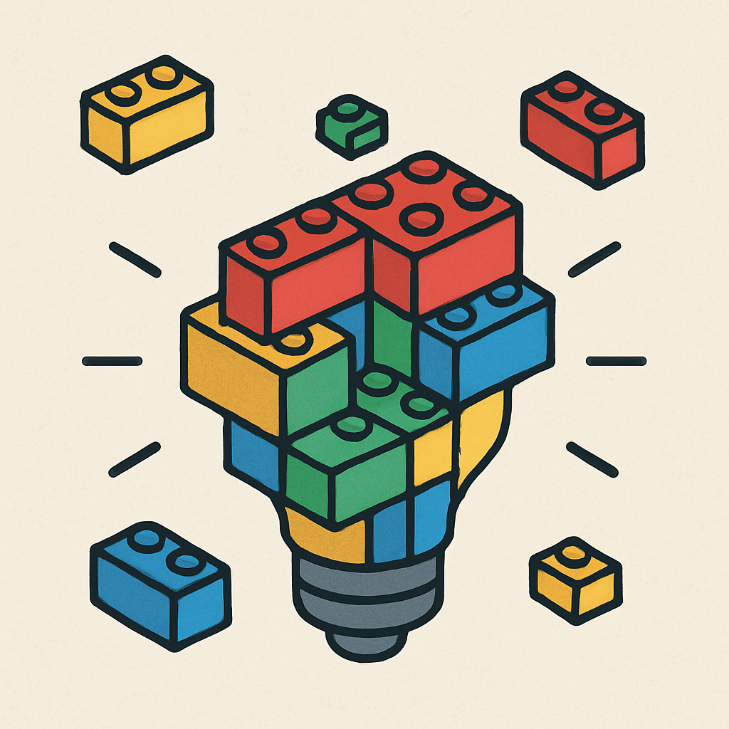 A simple conceptual illustration showing a small group of colorful building blocks coming together to form a lightbulb, representing the 'Lego block' approach to software.