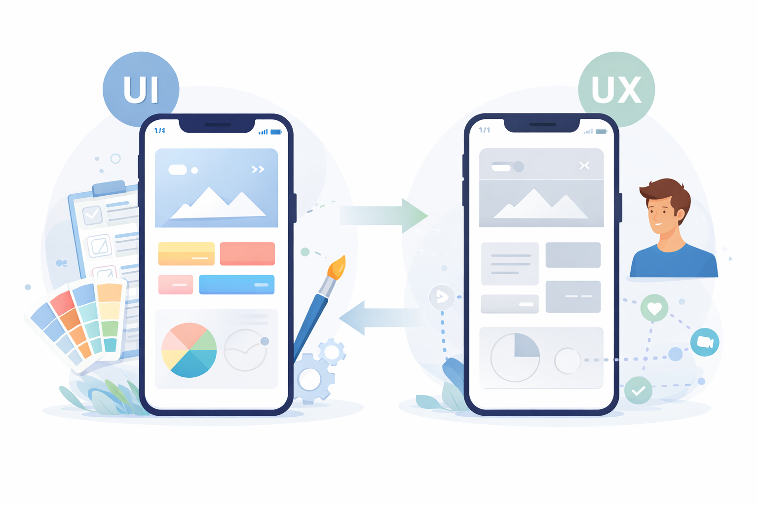 A digital illustration contrasting UI and UX design in mobile apps, with vibrant UI elements on the left and a grayscale UX wireframe on the right, connected by arrows to show their interdependent relationship.