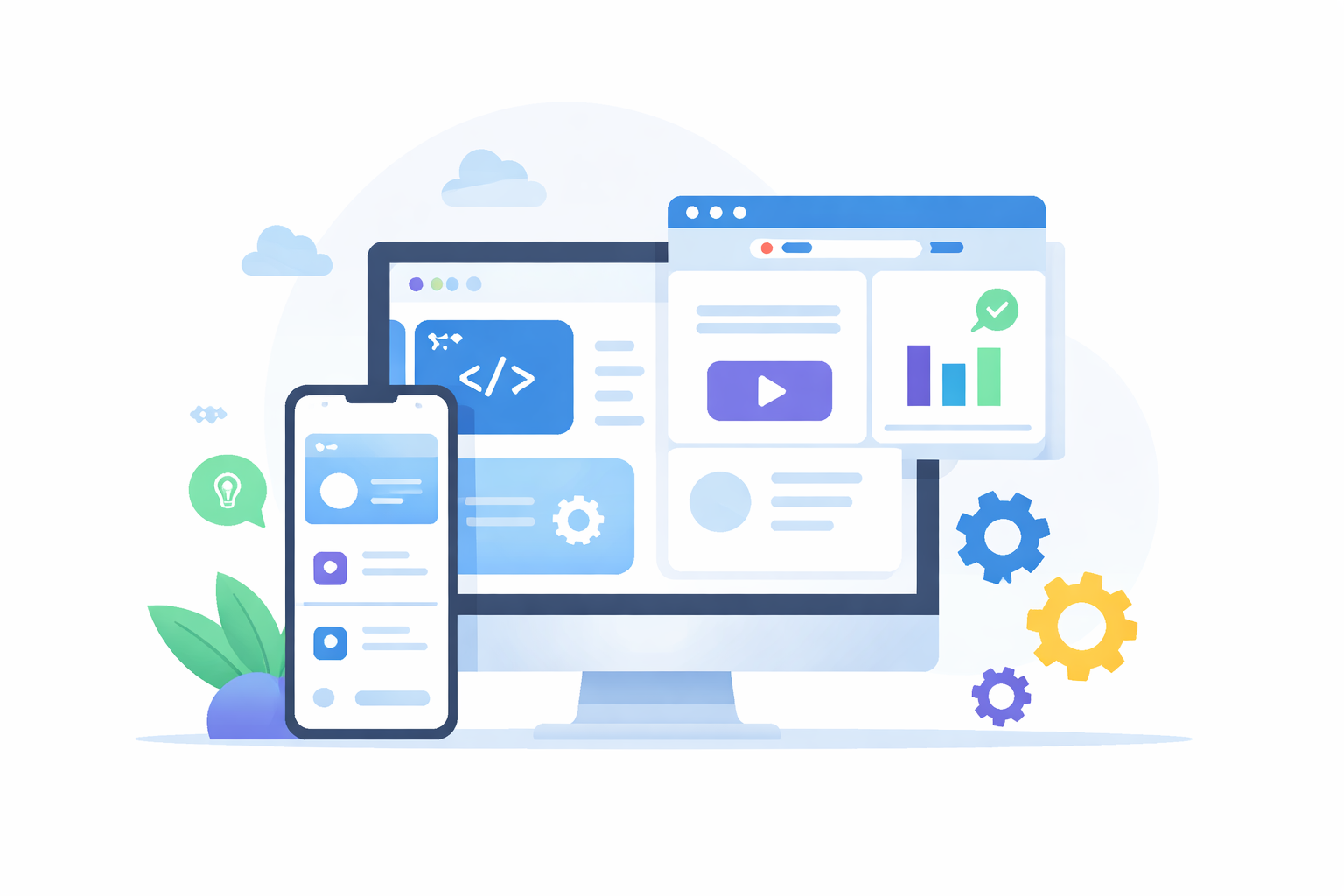 Minimal featured image showing web and mobile application development with a desktop monitor and smartphone displaying clean app interface elements in a flat modern style.